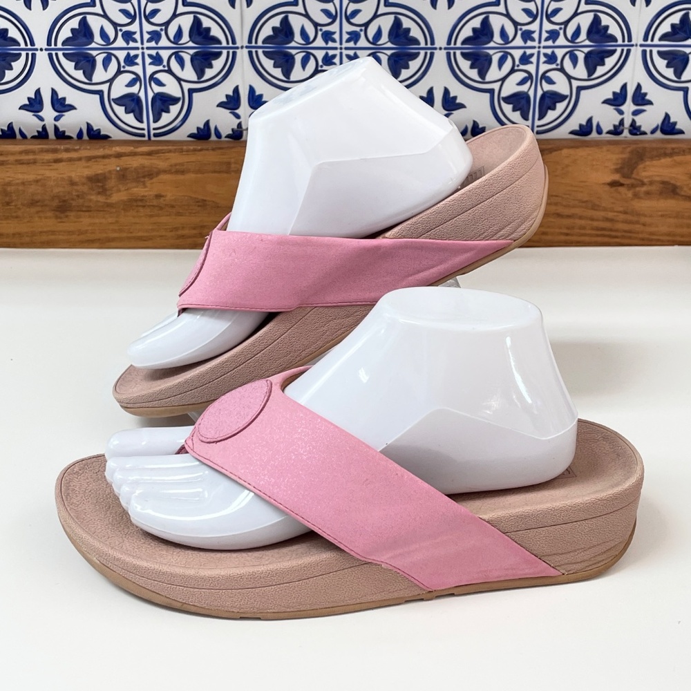 FitFlop Demelza Pink Shimmer Logo Toe Post Wedge Sandal Size 9 - Picture 2 of 11